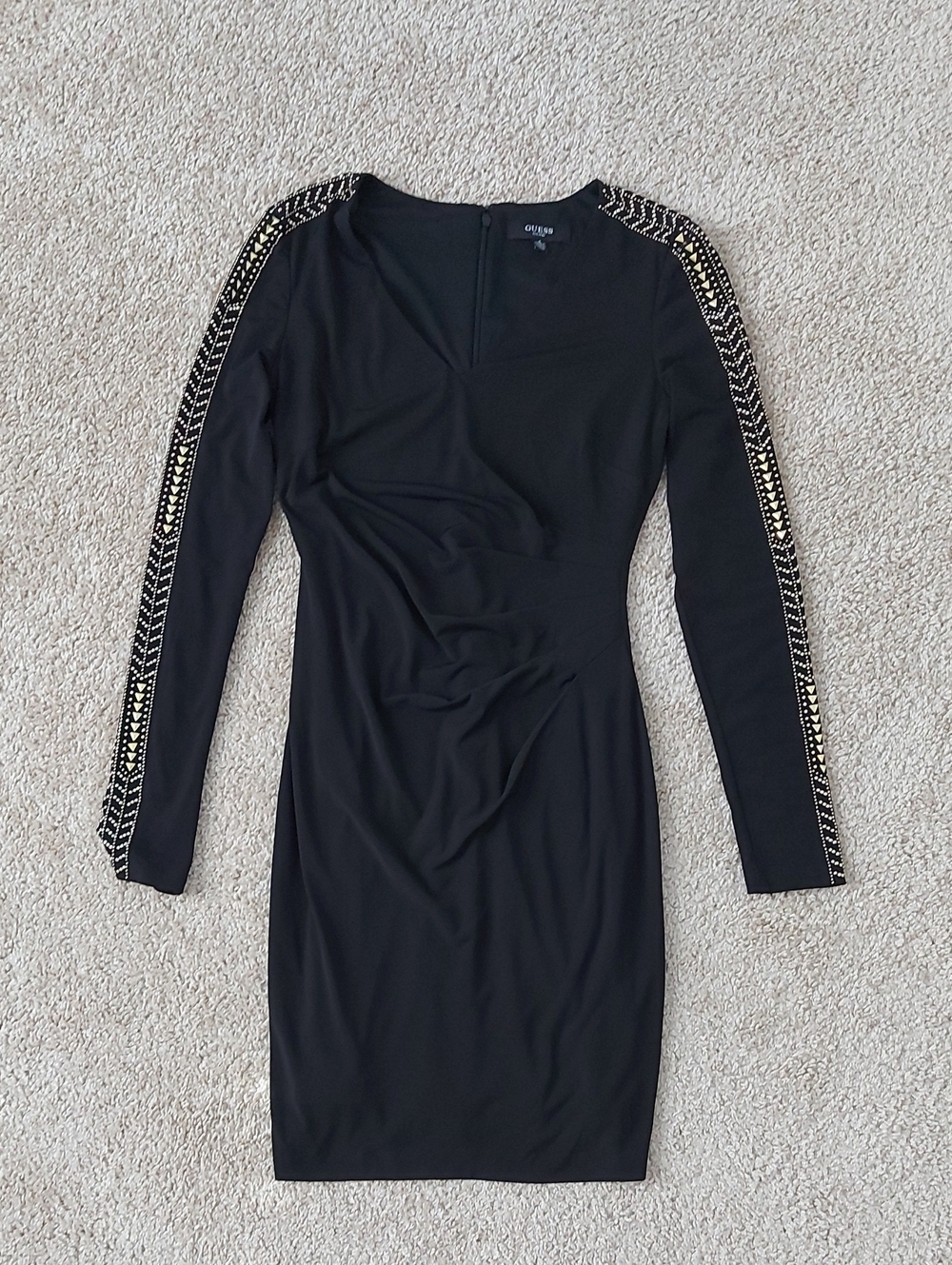 GUESS Black Long-Sleeve Bodycon Dress with Gold Stud Trim